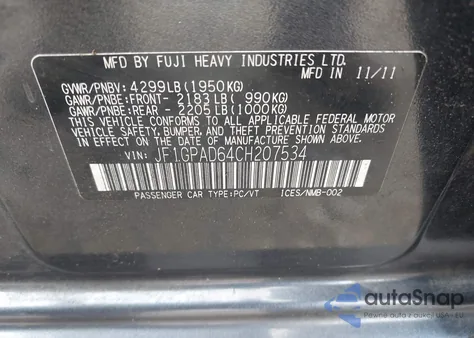 2012 Subaru Impreza 2.0I Premium z USA, uszkodzony, nr VIN JF1GPAD64CH207534